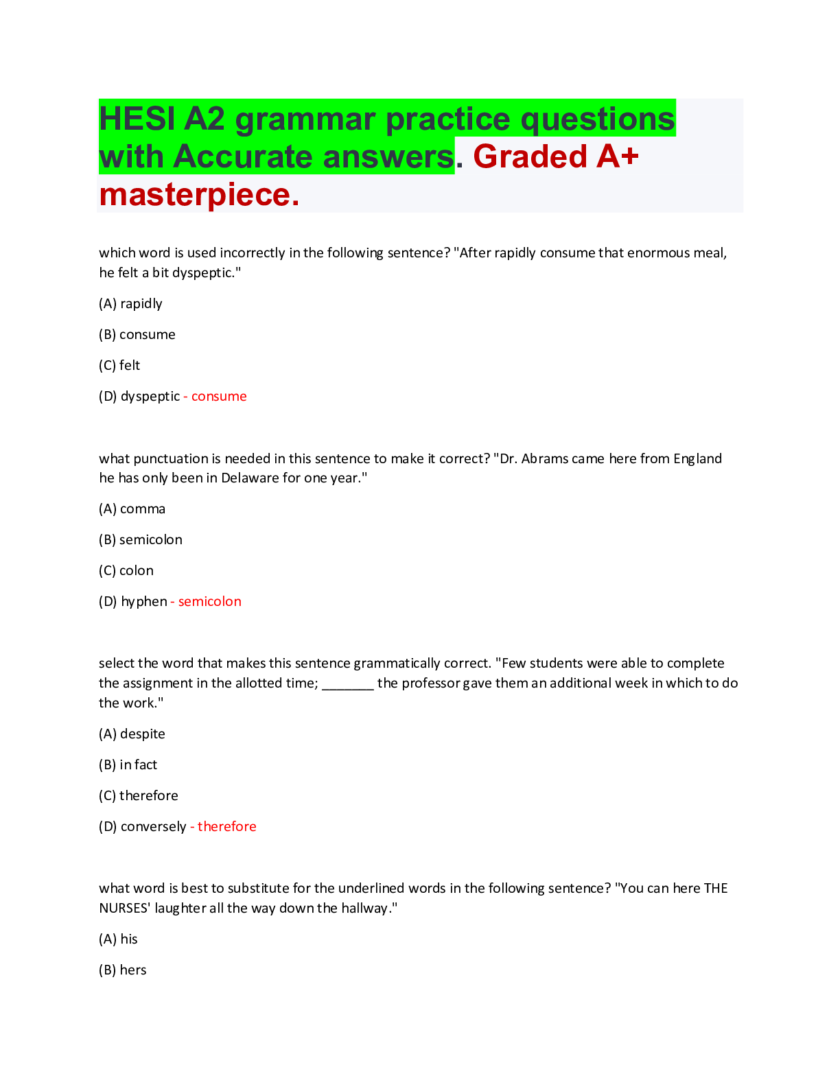Preview of HESI A2 grammar practice questions with Accurate answers. Graded A+.